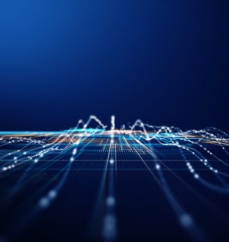 Abstract 3D digital grid with dynamic data lines and glowing dots, representing big data processing, analytics, machine learning, and futuristic technology visualization.